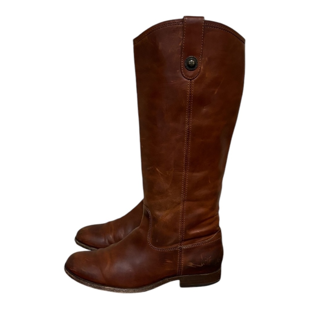 Size 7.5 Vintage tall brown genuine leather women flat pull on Frye riding boots